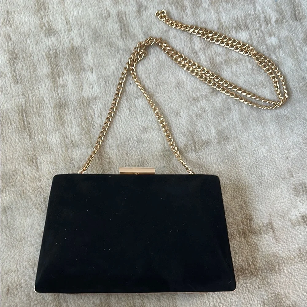 Black Suede Chain Shoulder Bag with Gold Hardware